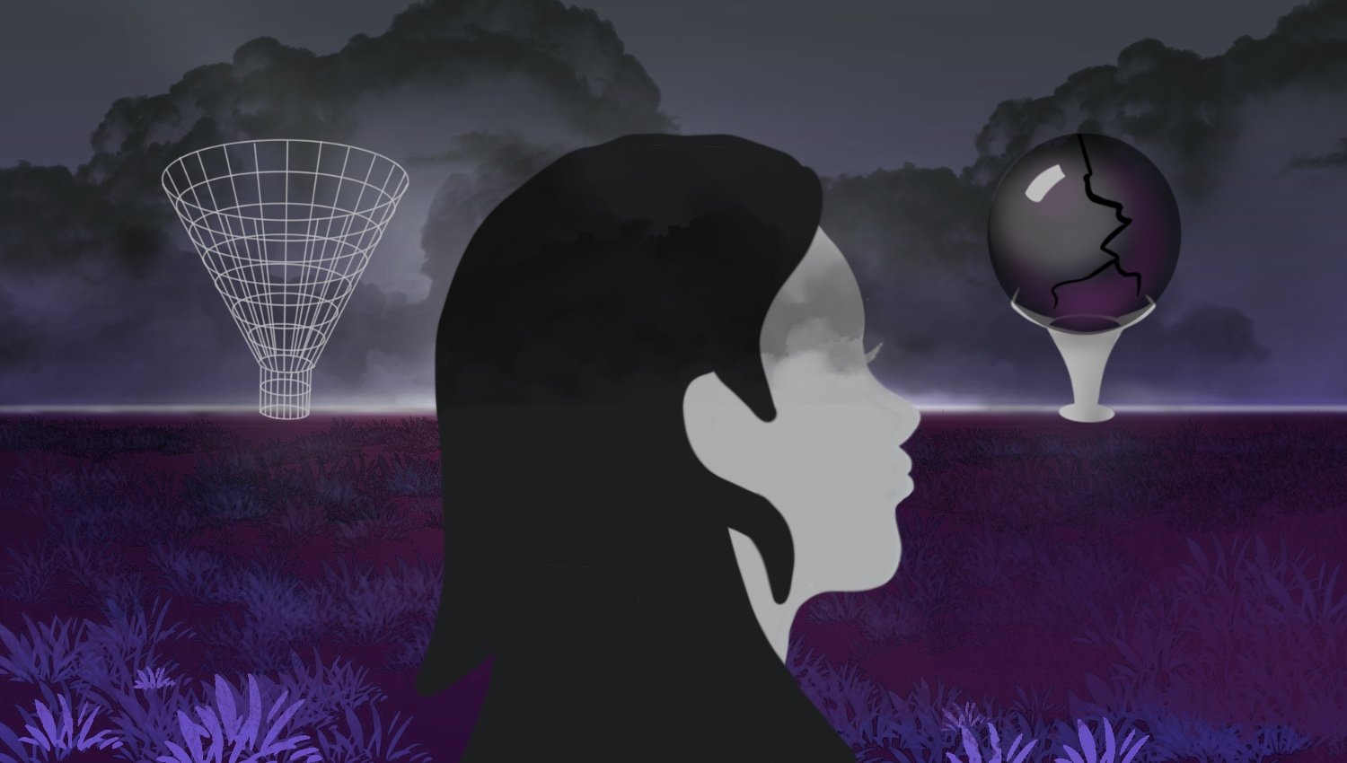 People with psychosis have trouble filtering relevant information (mesh funnel) and predicting rewarding events (broken crystal ball), creating a complex inner world.
Credit: Emily Moskal/Stanford Medicine