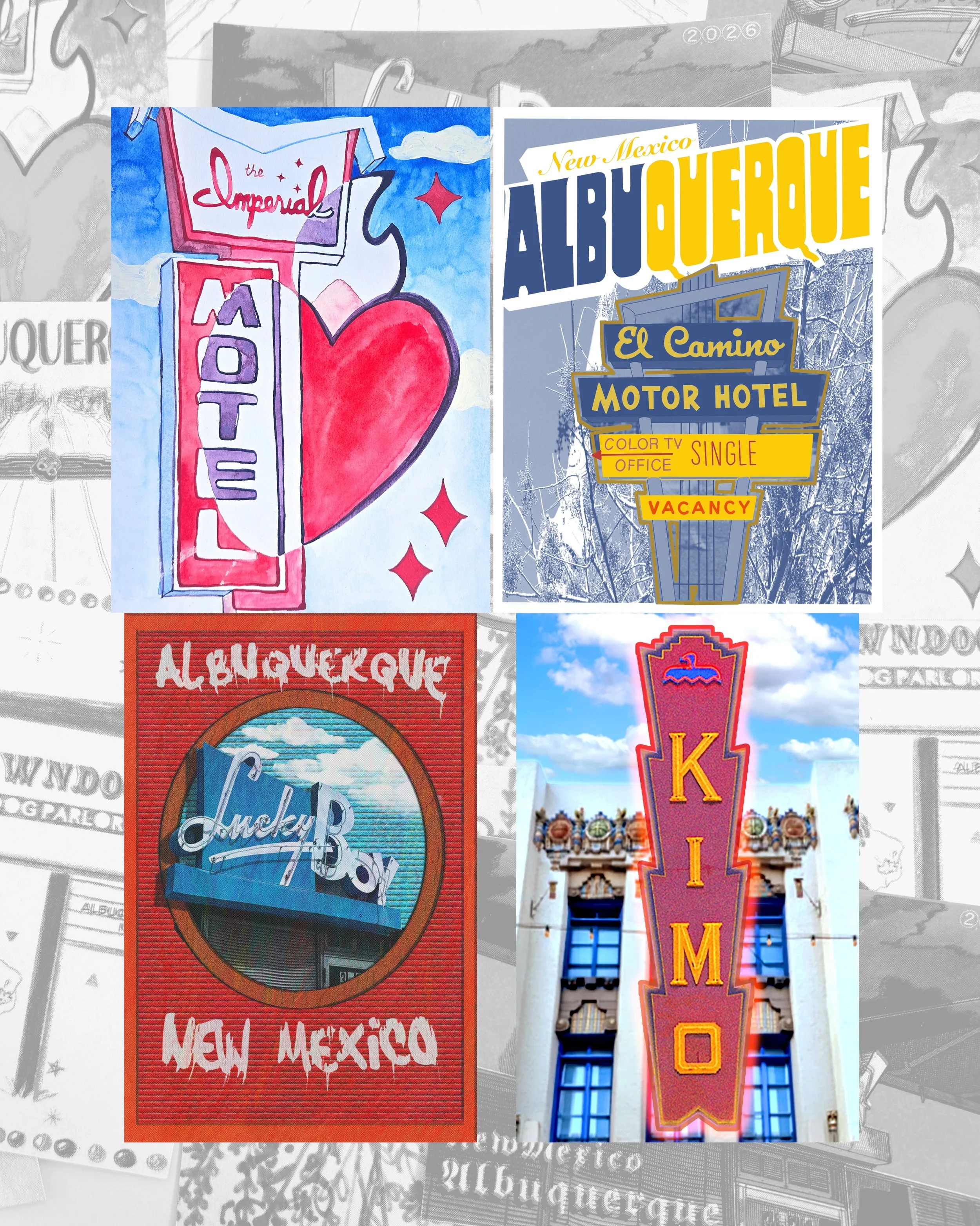 Last week we shared that we were able to hire 11 talented CNM students to design custom postcards featuring Albuquerque signs. The designs have been finalized, and soon you&rsquo;ll be able to purchase them around town! Here&rsquo;s how it works: 
Th