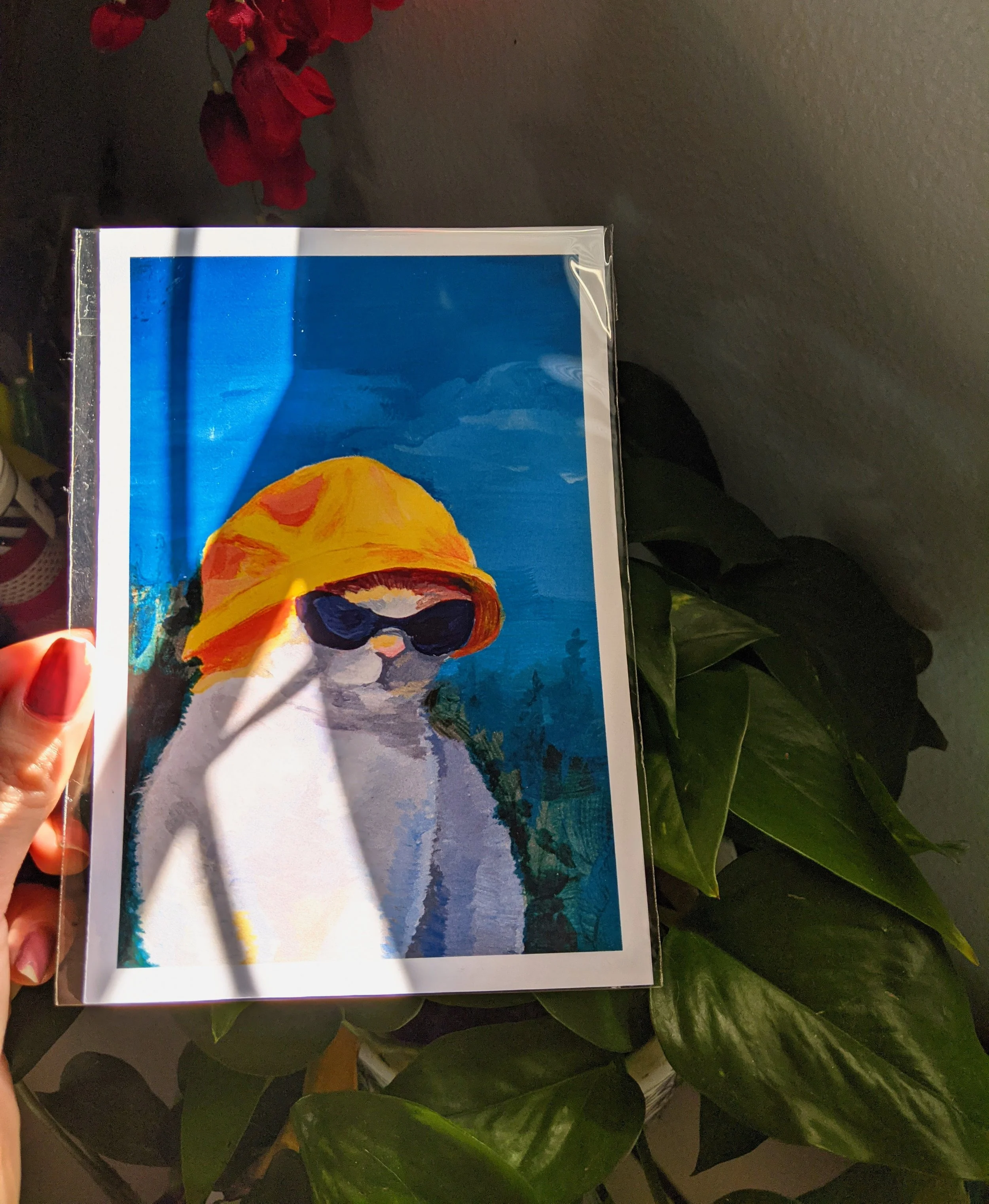 "Cat in a bucket hat", 2020, acrylic on paper, 5x7