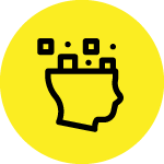 Yellow circle with black outline of a head and squares indicating digital information or technology.