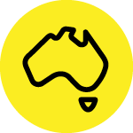 Black outline of Australia on a yellow circle background.