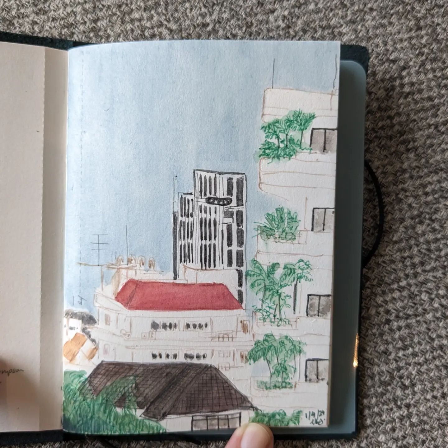 1 April 2024. #pleinairpril no.1. View from our accommodation. Bangkok. Still not great with the cityscapes/buildings/perspective but should improve with practice. It was a quick sketch to start the month off. I am not going to be trying to do this e