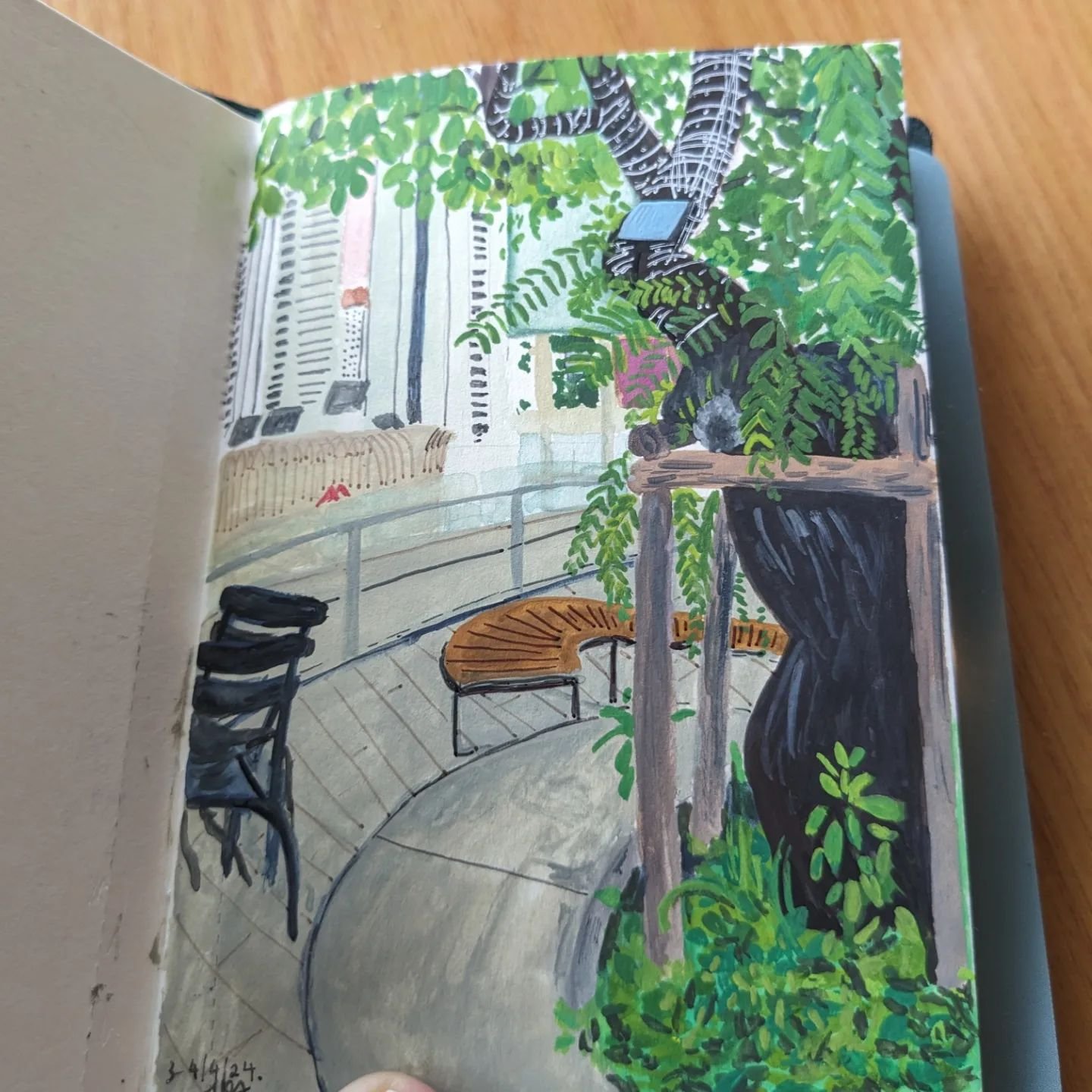 3-4 April 2024. #pleinairpril No.2. This painting was started en plein air in the later afternoon/early evening and completed later. Picture 3 is what I was able to finish on site before it got too dark. Beautiful view from the Starbucks at the EmQua