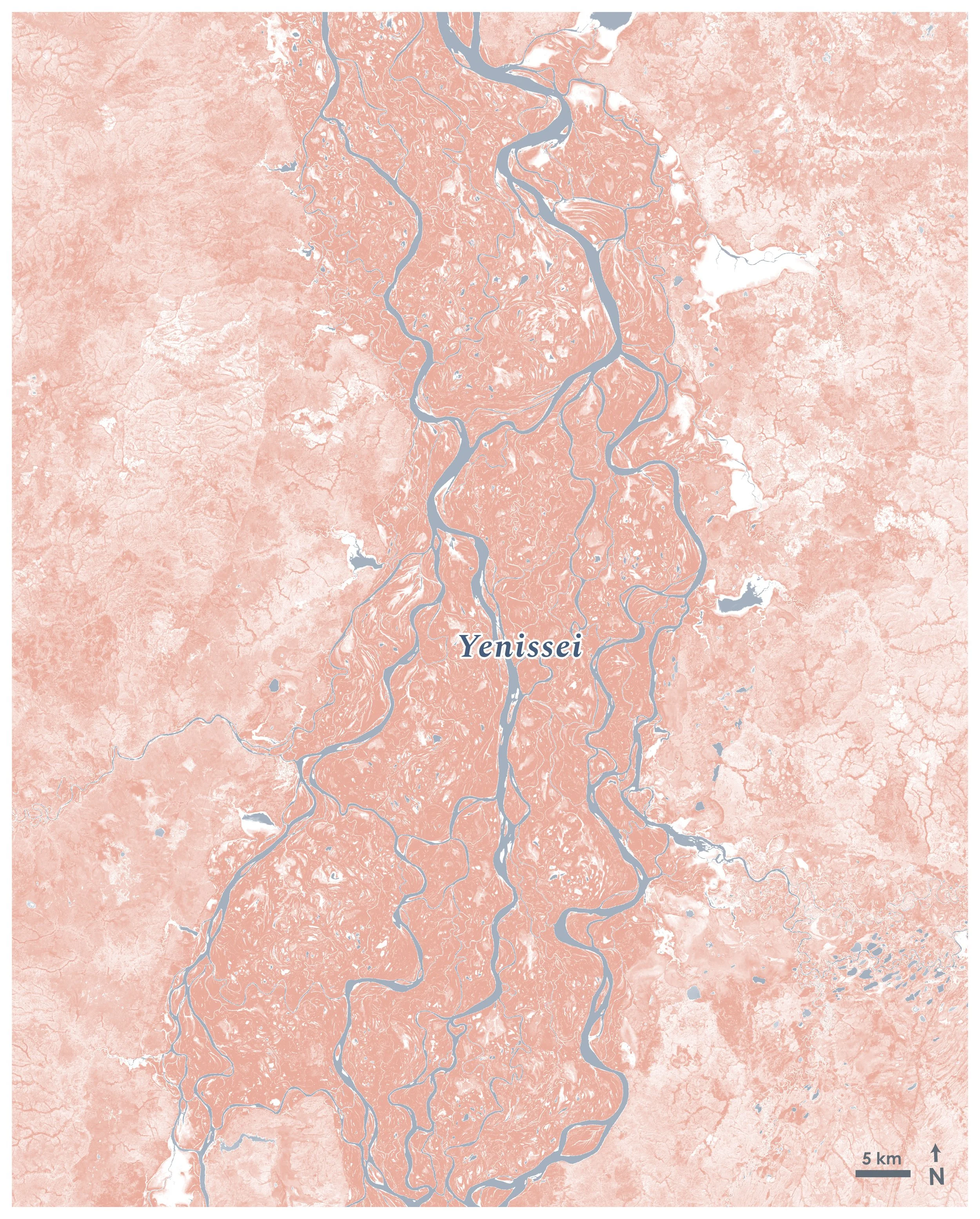 The Yenisei, flowing through the Siberian wilderness and its vast expanses of permafrost – Landsat 8 satellite composite.
Blue shows water. Orange shows cities and vegetation.