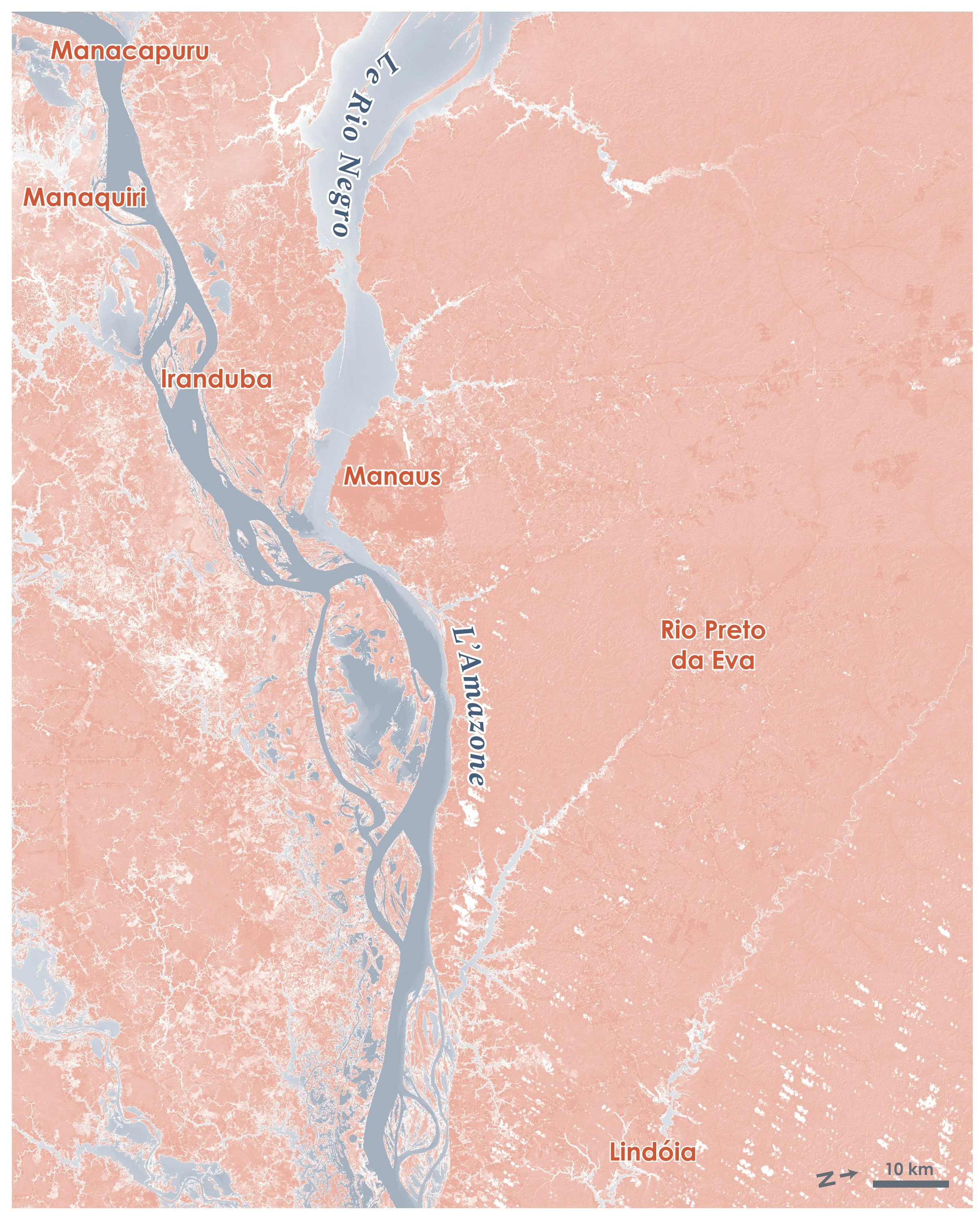 Au coeur de la forêt amazonienne, l'Amazone, chargé de sédiments rencontre le Rio Negro, qui l'est bien moins  – composite satellite Landsat 8. 
En bleu, l'eau. En orange, les villes et la végétation