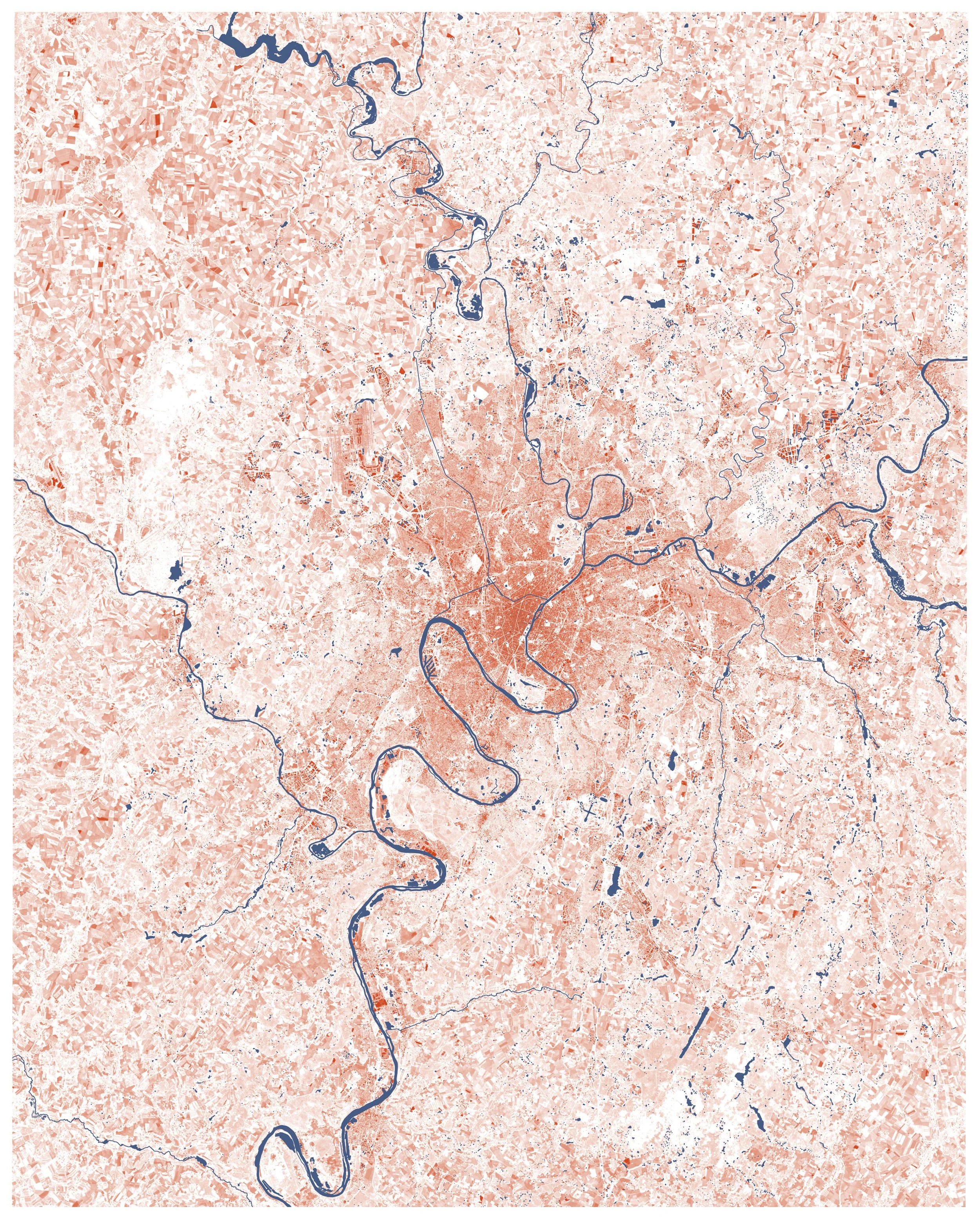 La Seine autour de Paris, où les affluents sont multiples  – composite satellite Landsat 8. 
En bleu, l'eau. En orange, les villes et la végétation