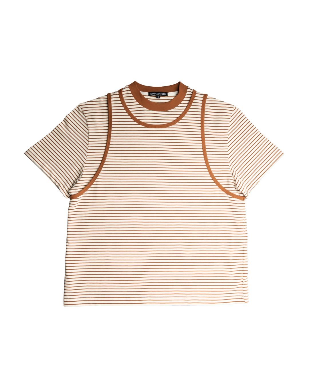 DOUBLE LAYERED STRIPED T-SHIRT - BROWN/BEIGE