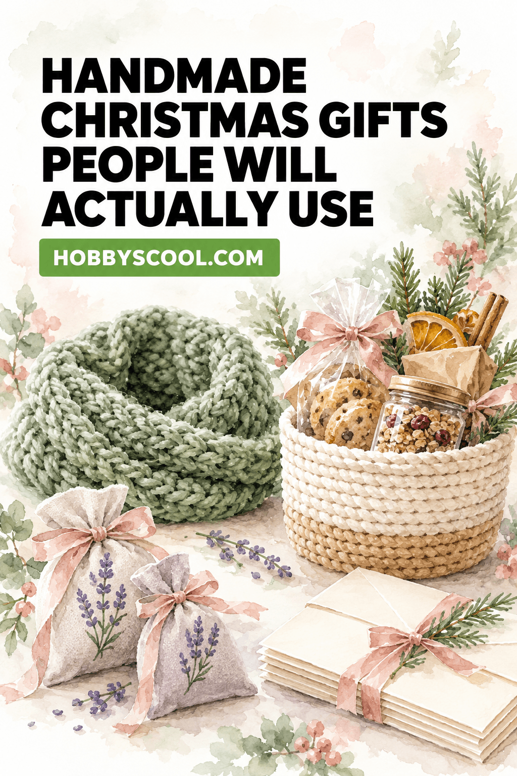 Handmade Christmas Gifts People Will Actually Use at HobbyScool.com. Watercolor illustration of a chunky green knit cowl, a coiled rope basket filled with cookies and granola, lavender sachets and ribbon-tied envelopes.