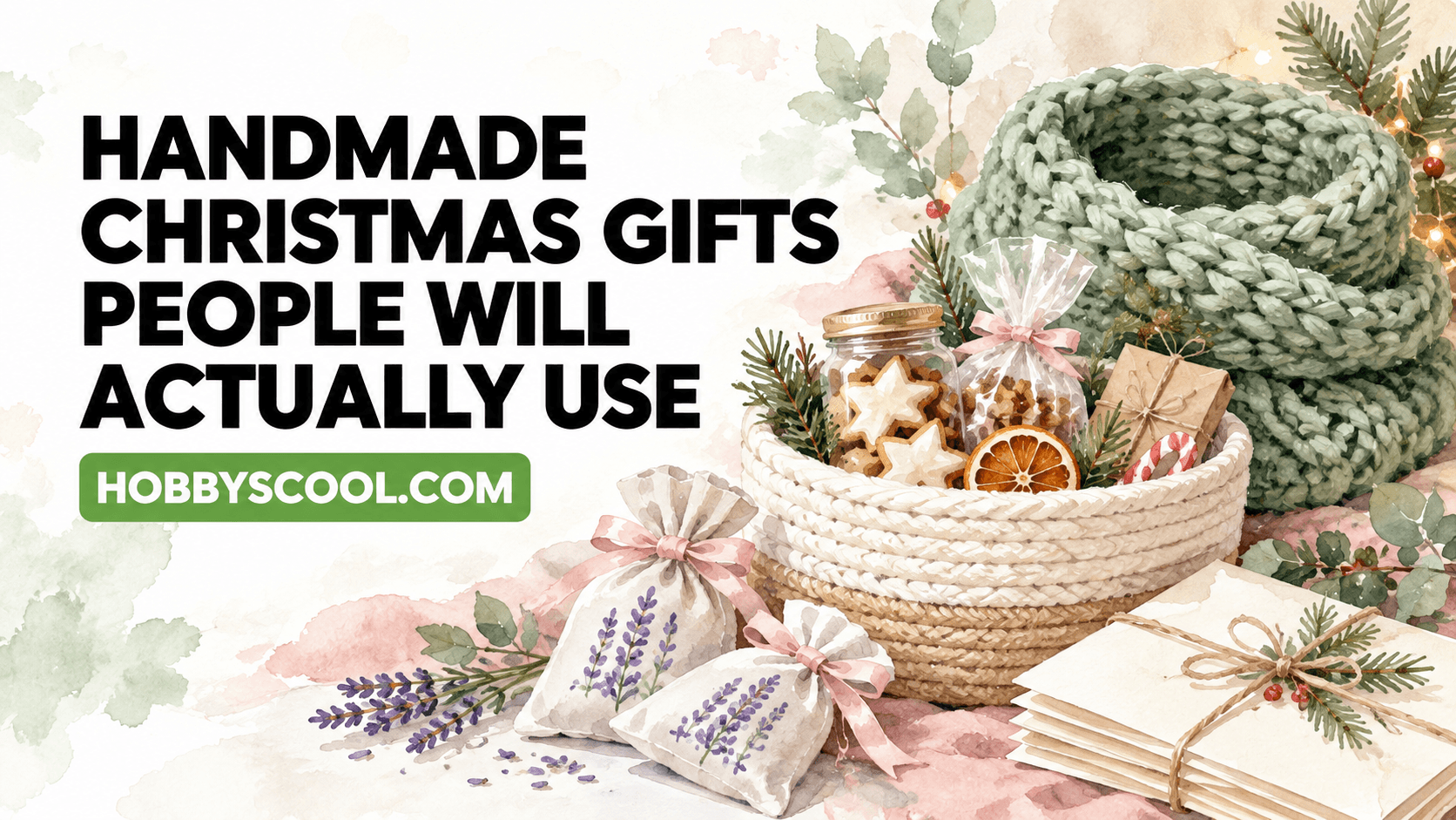 Handmade Christmas Gifts People Will Actually Use. Watercolor illustration of a chunky green knit cowl, a coiled rope basket of cookies, lavender sachets with pink ribbons and a bundle of letters.