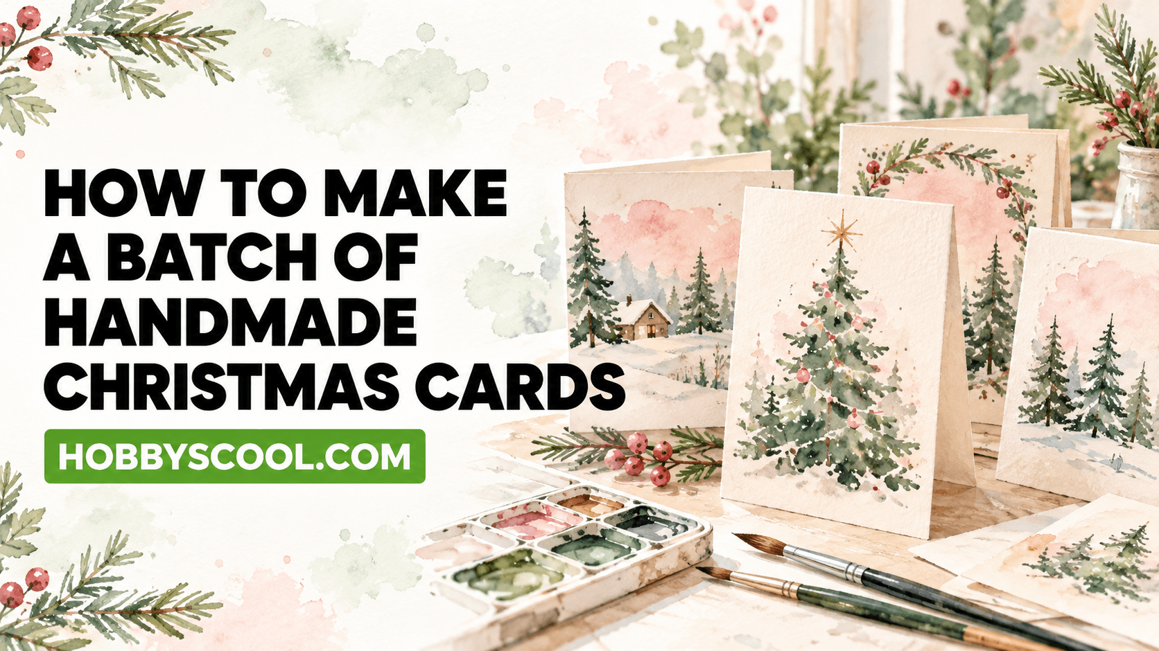 How to Make a Batch of Handmade Christmas Cards. Watercolor illustration of handmade cards painted with Christmas trees and a snowy cabin, with a watercolor palette and paintbrushes.