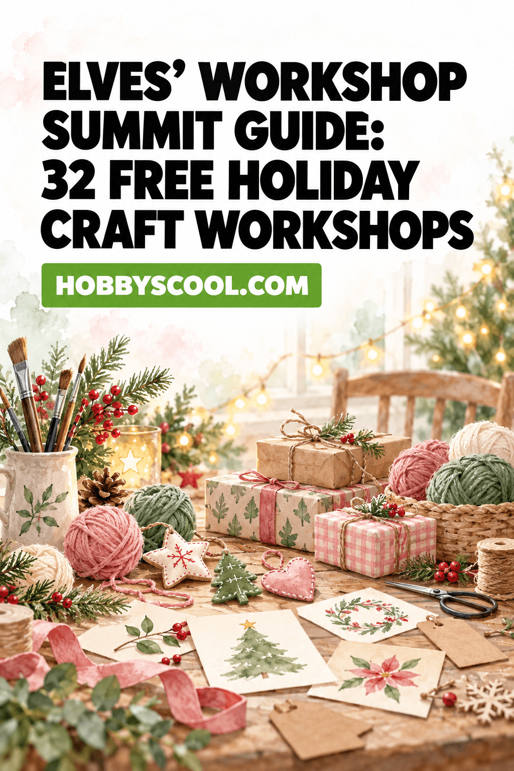 Elves' Workshop Summit Guide: 32 Free Holiday Craft Workshops at HobbyScool.com. Watercolor illustration of a holiday craft table with yarn, paintbrushes, wrapped gifts, felt ornaments and Christmas cards.