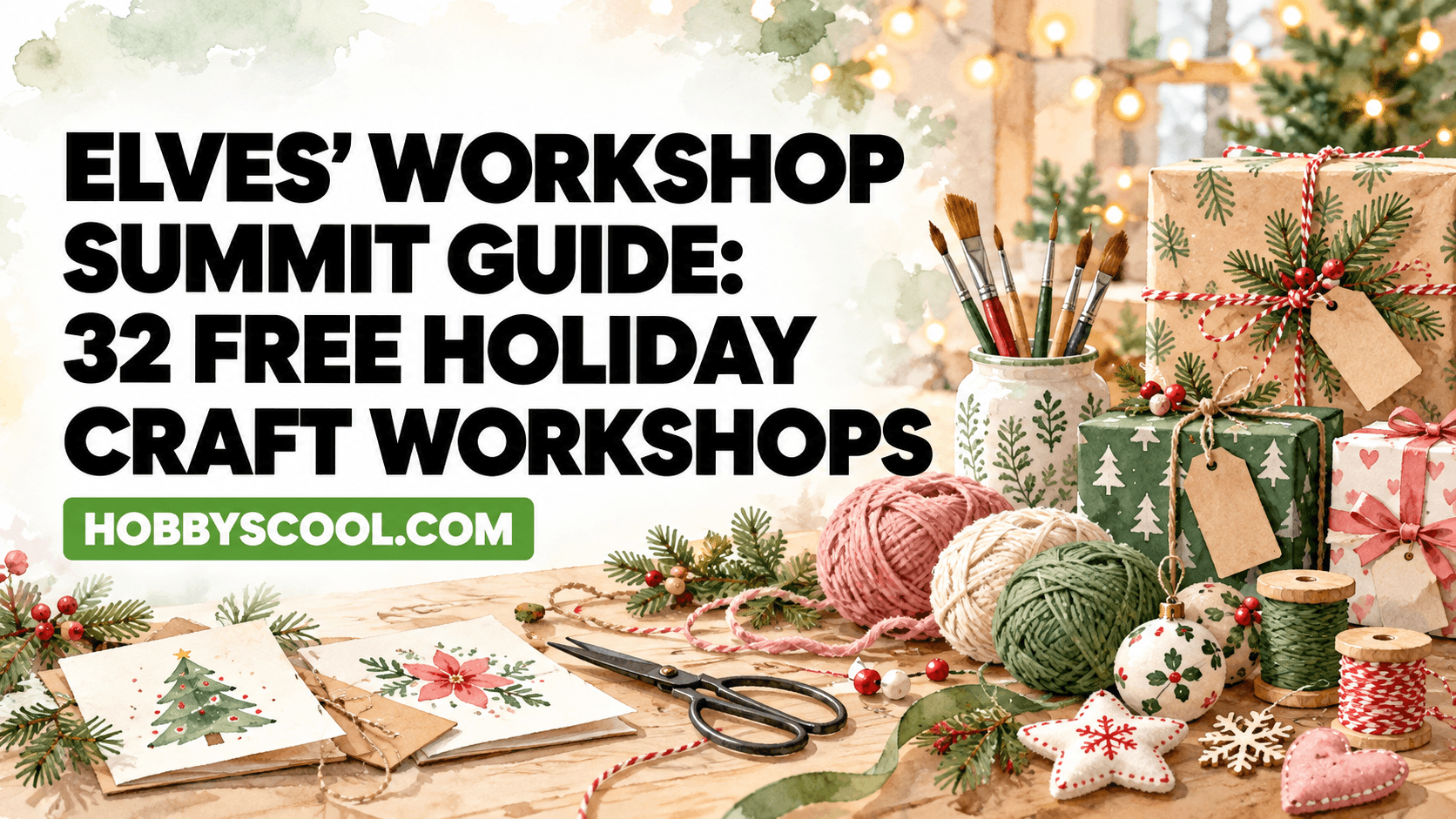 Elves' Workshop Summit Guide: 32 Free Holiday Craft Workshops. Watercolor illustration of a craft table with yarn, paintbrushes, wrapped gifts and handmade Christmas cards.