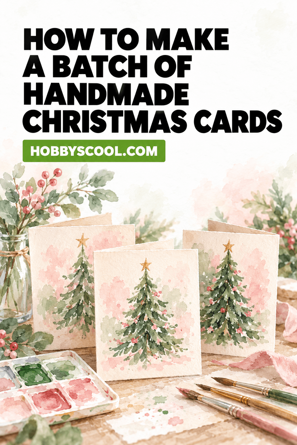 How to Make a Batch of Handmade Christmas Cards at HobbyScool.com. Watercolor illustration of three handmade cards painted with green Christmas trees on soft pink backgrounds, with a watercolor palette and brushes.