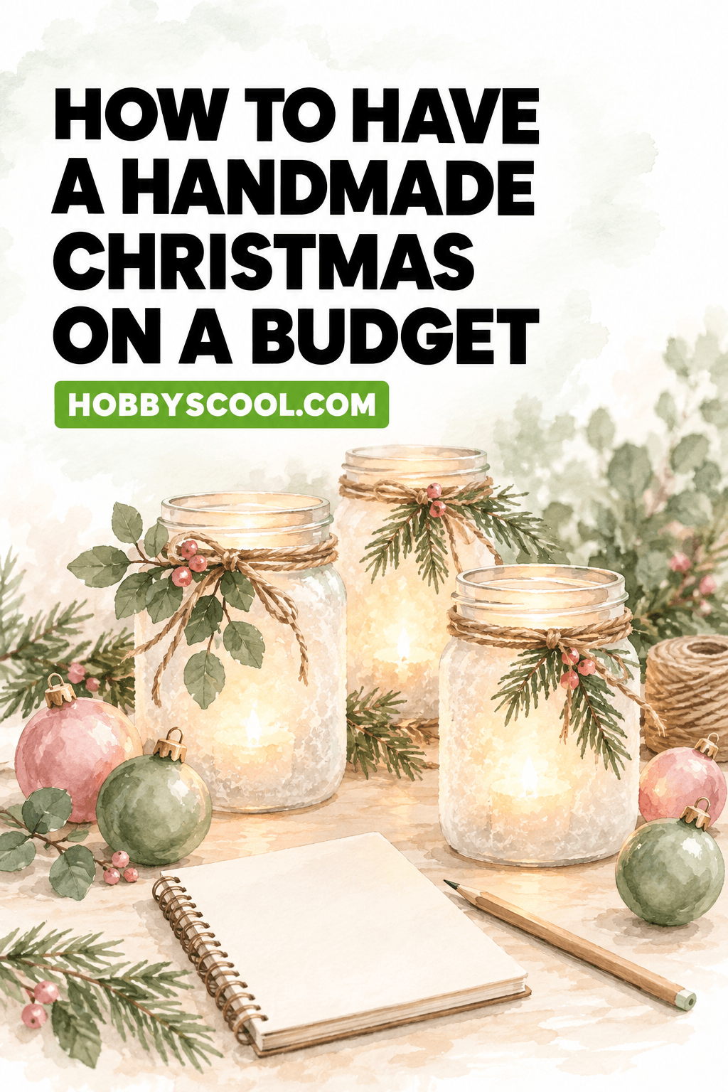 How to Have a Handmade Christmas on a Budget at HobbyScool.com. Watercolor illustration of three glowing frosted mason jar luminaries with twine and greenery, pink and green ornaments, and a spiral notebook with a pencil.