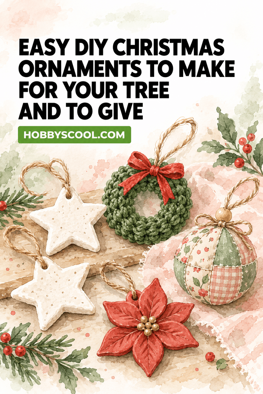 Easy DIY Christmas Ornaments to Make for Your Tree and to Give at HobbyScool.com. Watercolor illustration of white salt dough stars, a green crochet wreath with a red bow, a patchwork fabric ball and a red clay poinsettia ornament.