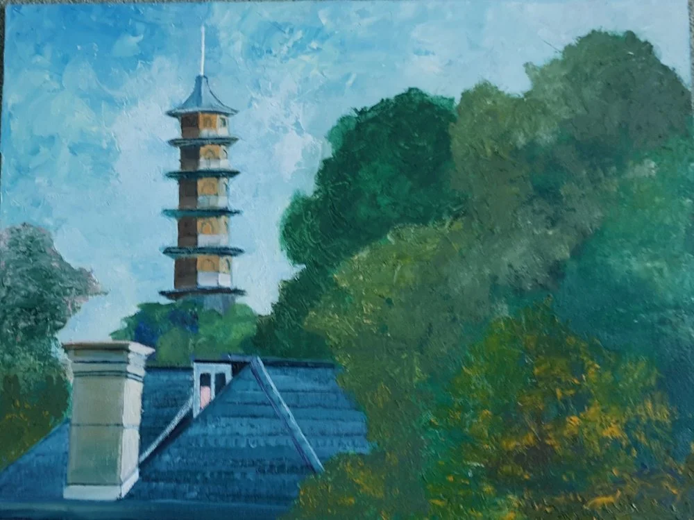 Sold  The Great Pagoda, Kew  Oil on canvas board 40 x 30 cms