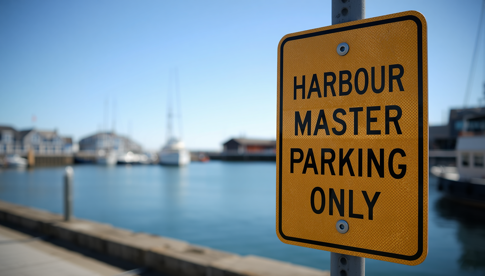 A yellow parking sign at the harbour