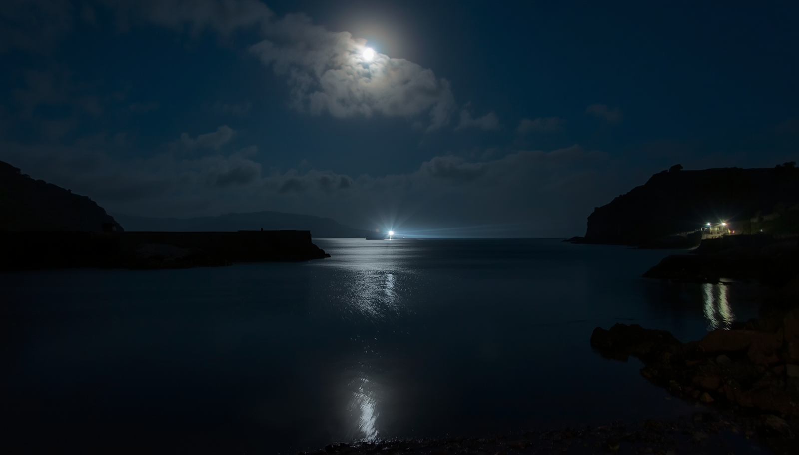 Cornish harbour at night