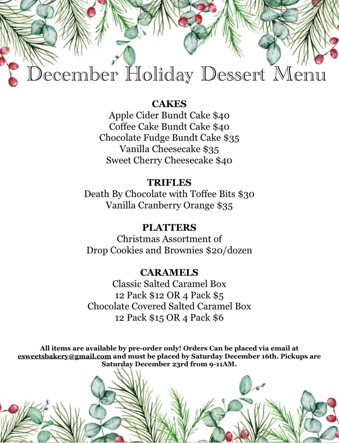 December Holiday Dessert and Cookie Menu — Endless Sweets Bakery Site