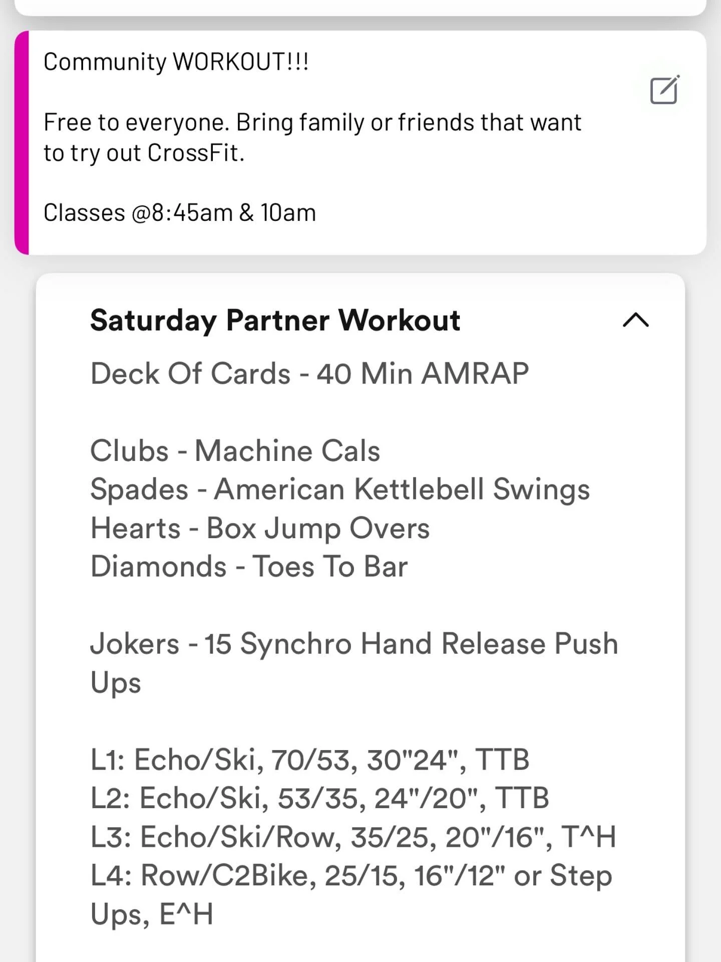 COMMUNITY WORKOUT AT CROSSFIT HSP! 

Free classes @ 8:45am &amp; 10am this Saturday, August 23rd! 

#Crossfithsp 
#Bringafriend