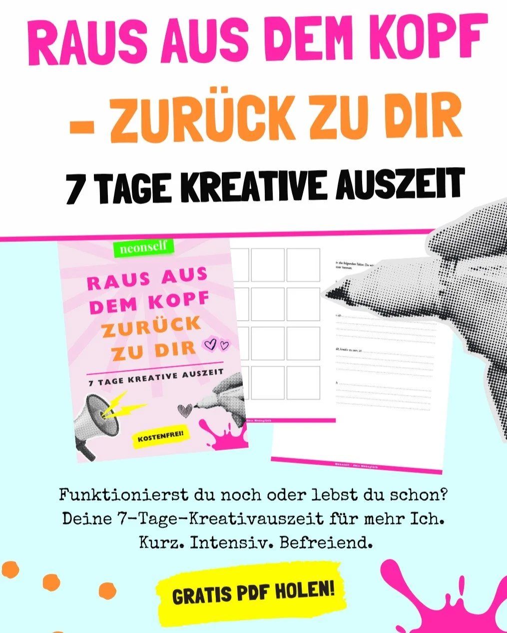 STILLER KOPF. BUNTES HERZ. ✨
Wie lange funktionierst du schon nur noch? 

Hand aufs Herz: Wann hast du das letzte Mal etwas getan, das kein Ziel hatte? Das nicht &bdquo;gut&ldquo; aussehen musste? Das einfach nur f&uuml;r DICH war?

Wir funktionieren