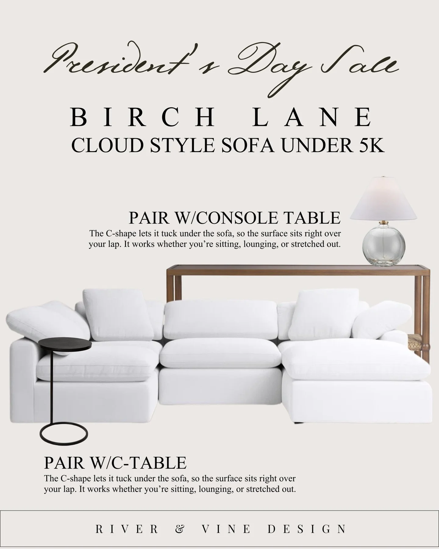A Cloud-style sofa under $5K? Yes, please 🤍
And when you pair it with the right supporting pieces&mdash;like a console table and a C-table&mdash;you get comfort and function without clutter.

Why this combo works:
✔️ Extra surface space
✔️ Better fl