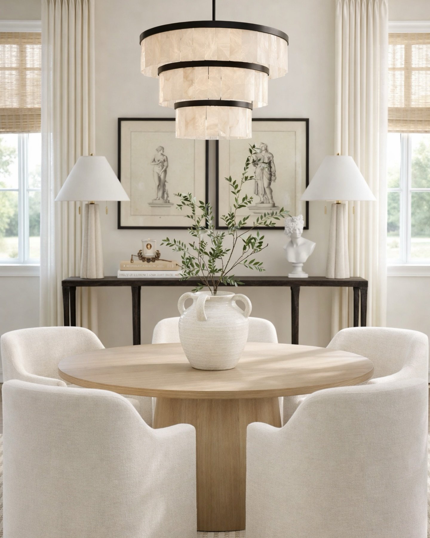 If you want a dining room that always feels expensive, start here.

✔️ Balanced proportions
✔️ Soft, durable upholstery
✔️ Statement lighting
✔️ Warm wood tones

Every piece in this space was chosen to work together&mdash;so you&rsquo;re not guessing