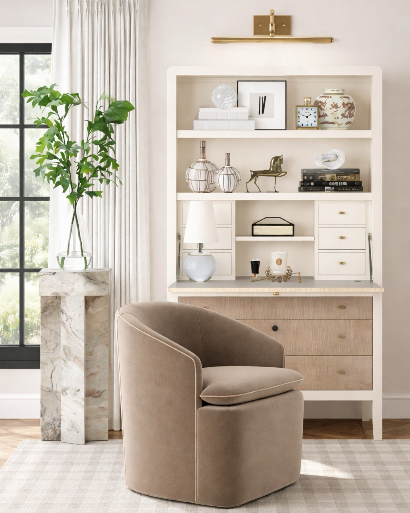 Home office refresh, but make it designer level. ✨

This setup is proof that a workspace can feel just as beautiful and intentional as the rest of your home. The secretary desk with built-in shelving gives you storage, styling space, and a functional