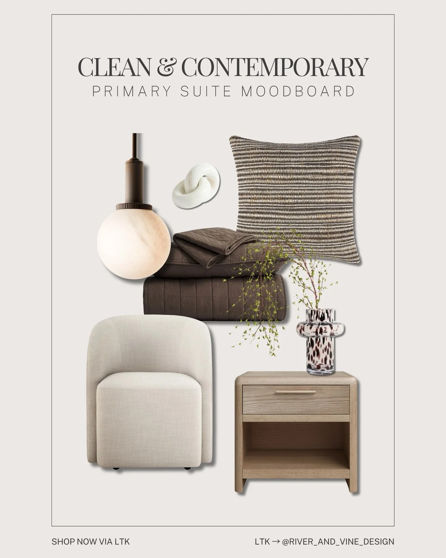 Clean, simple, and intentionally layered. ✨

This primary suite moodboard is all about soft contrast and quiet texture &mdash; warm woods, creamy upholstery, subtle pattern, and rich brown accents that add depth without overwhelming the space.

The m