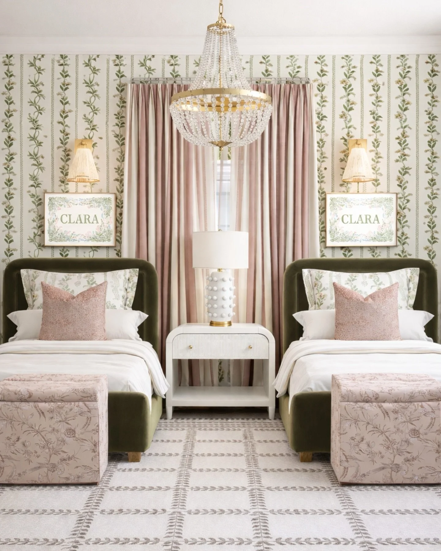 Twin beds, but make it feel elevated ✨💕

Designed for one space, this layout is perfect for sleepovers, shared moments, or just creating a room that feels layered and complete

The green velvet, soft blush tones, and classic details give it that tim