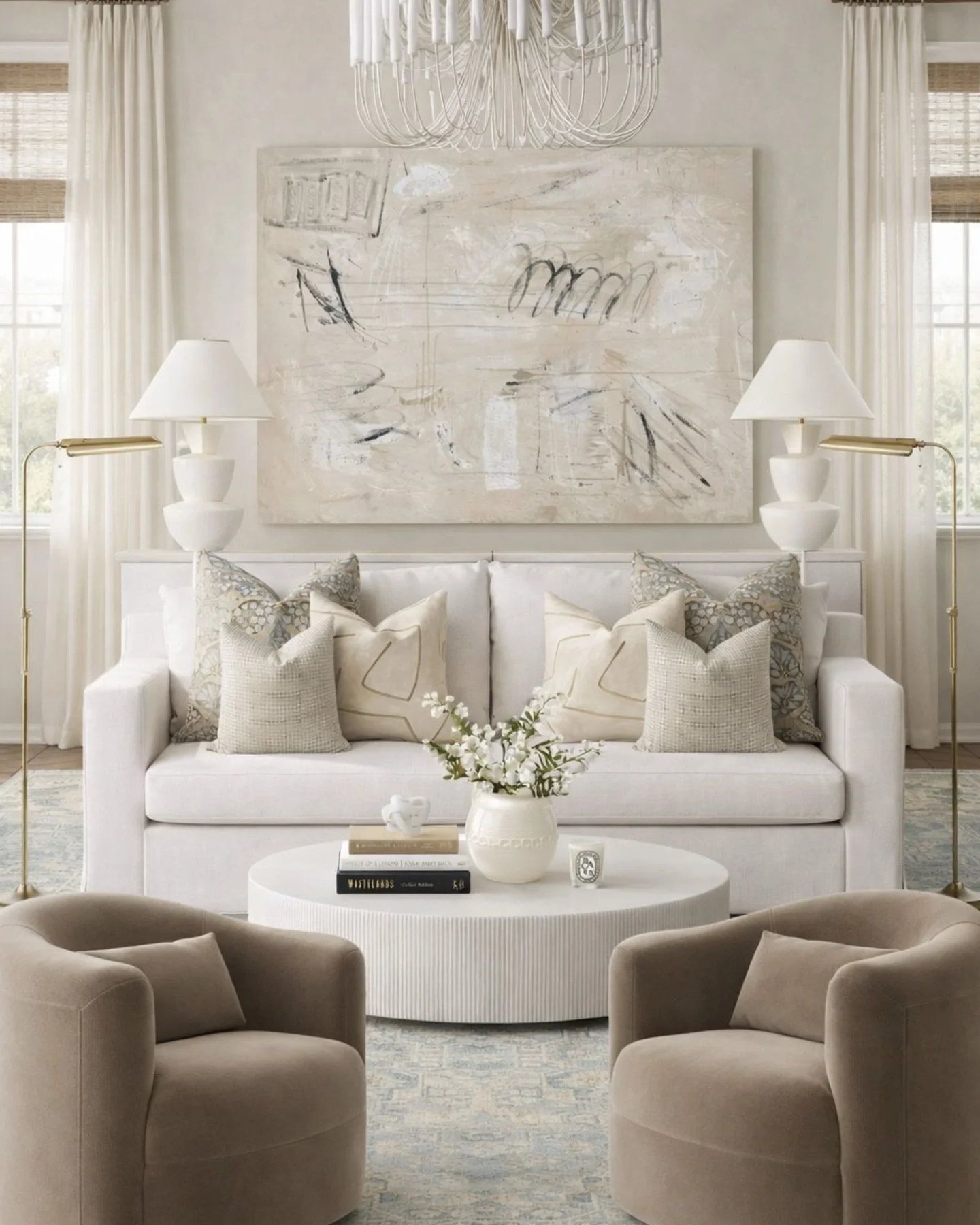 Soft neutrals, but make it layered 🤍 This is one of those spaces that proves a neutral palette doesn&rsquo;t have to feel flat&mdash;it&rsquo;s all about mixing textures, subtle pattern, and warm tones to create depth. The sculptural chandelier, tai