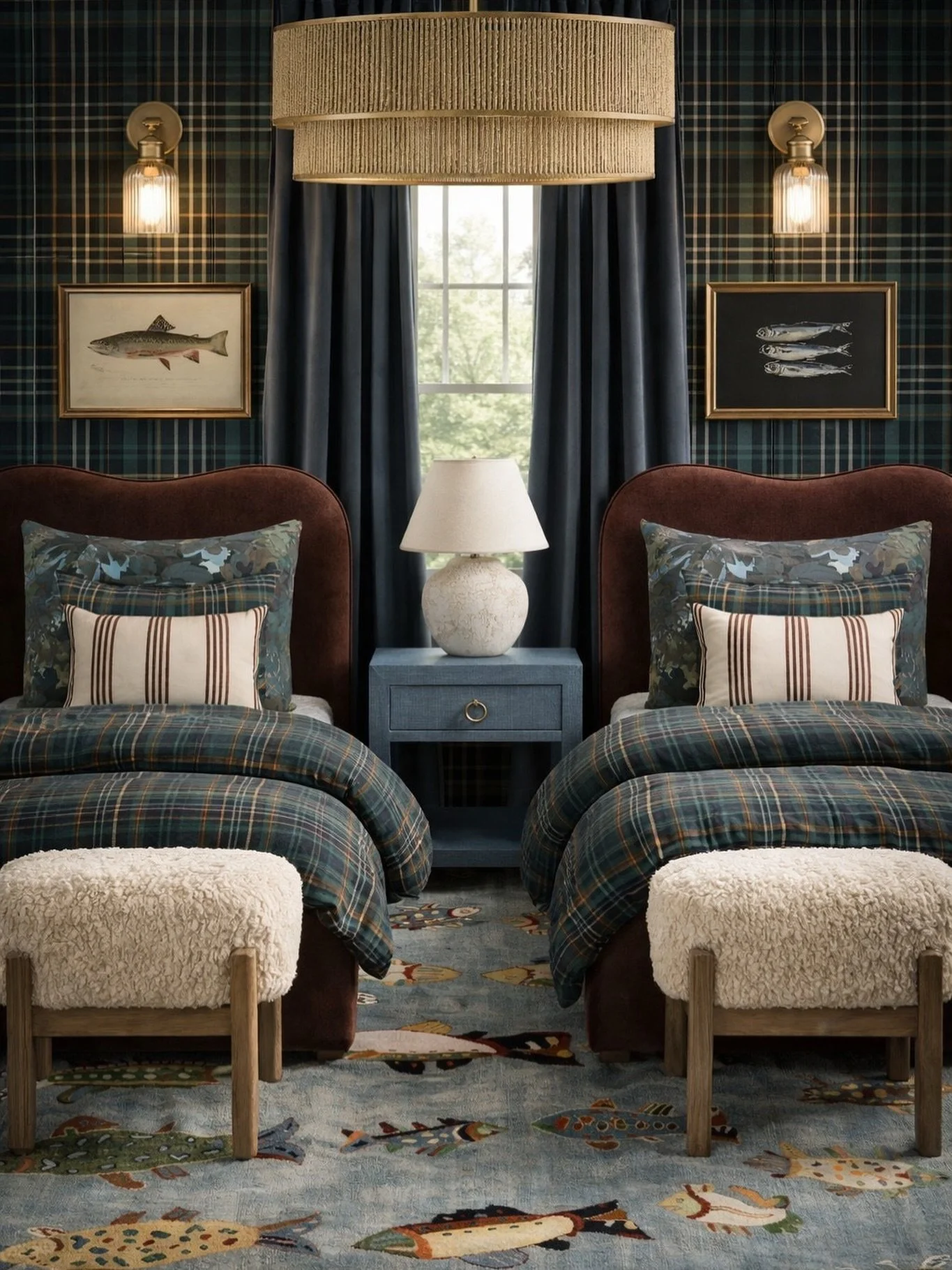 This is the kind of boys&rsquo; room that actually grows with them&hellip; not something they outgrow in a year.

Classic plaid, rich wood tones, and just enough playfulness with the fish rug to keep it fun without feeling juvenile. It&rsquo;s giving