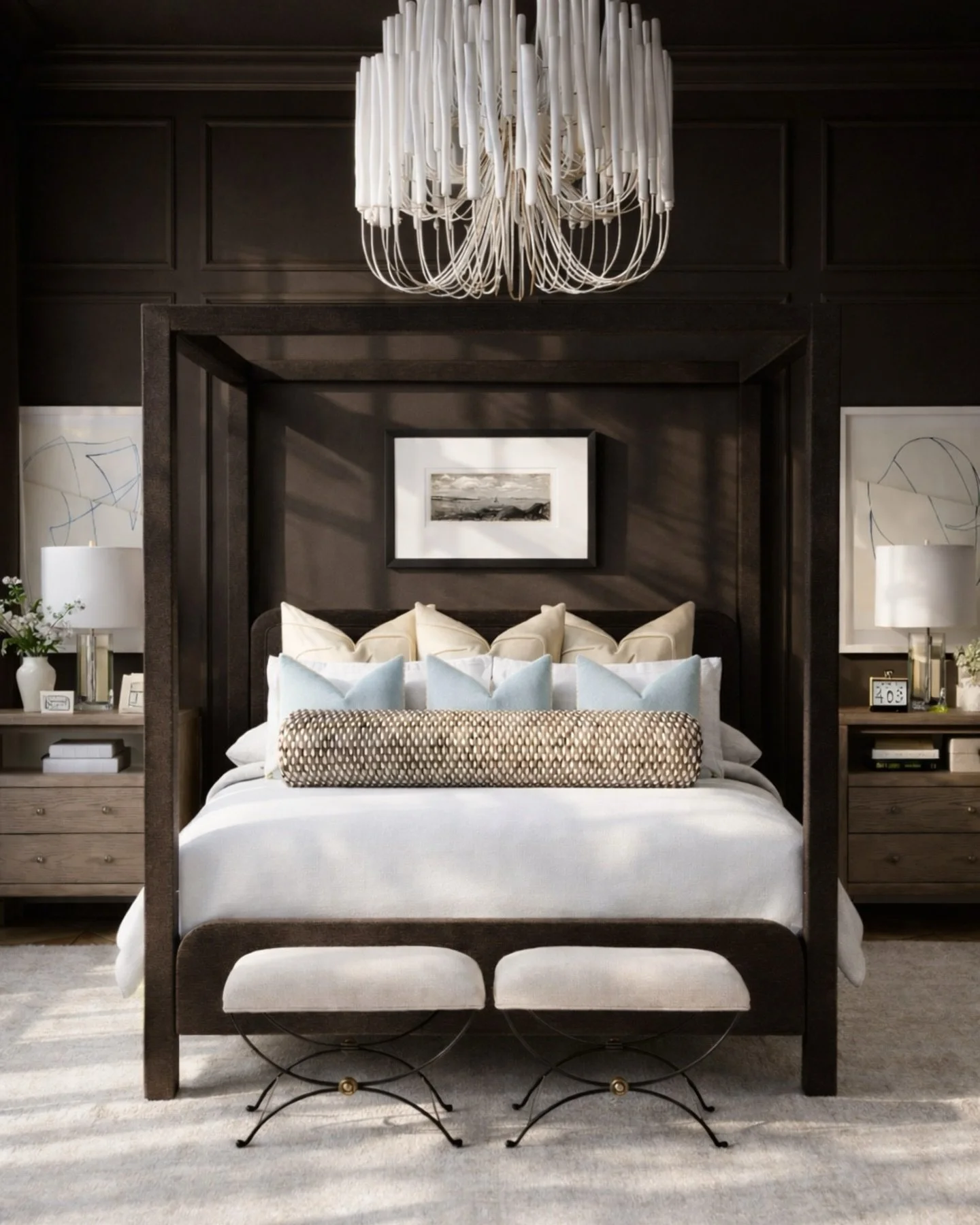 Dark, moody, and so elevated 🤎 this is your sign to stop playing it safe with light walls &mdash; color drenching in a deep brown instantly makes a bedroom feel expensive, tailored, and calm.

The contrast of crisp white bedding + soft neutrals keep