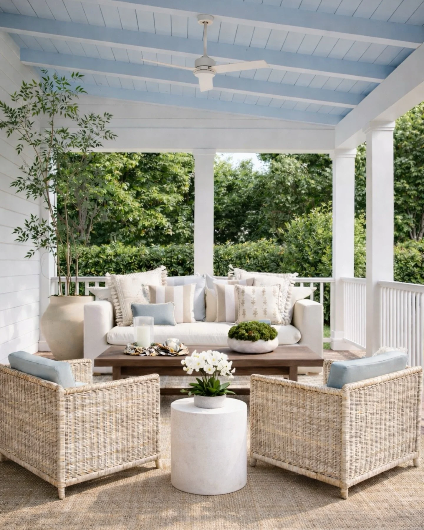 A small detail that completely changes the feel of a space: the blue porch ceiling.

This tradition actually comes from the South&mdash;often called &ldquo;haint blue&rdquo;&mdash;where ceilings were painted this soft sky tone to mimic water or the s