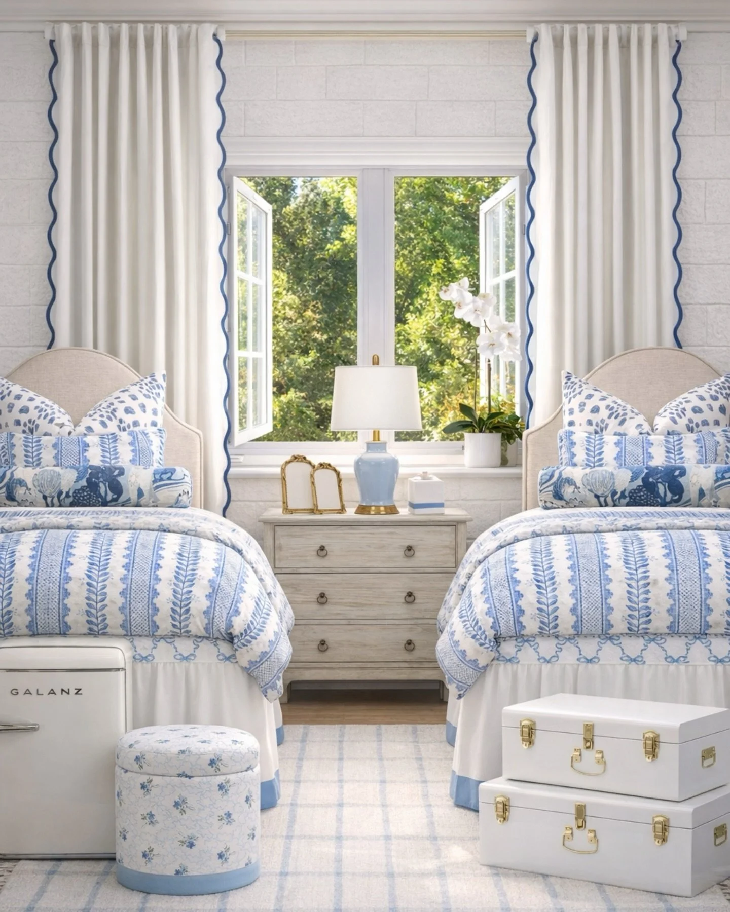 Blue + white dorm decor but make it feel elevated, timeless, and actually pulled together 🤍💙

I wanted this space to feel polished and preppy&mdash;not like a typical temporary dorm setup&mdash;so I layered classic patterns, tailored bedding, soft 
