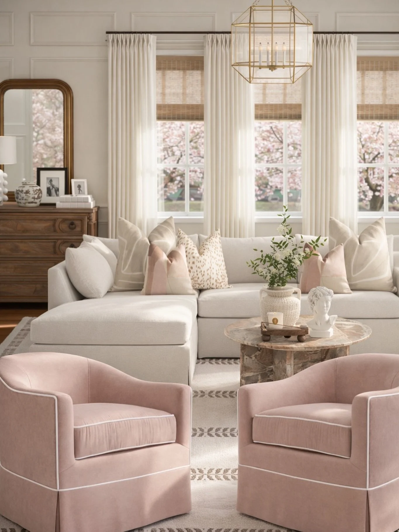 This is what your living room looks like in spring when everything just clicks. Soft light pouring in, cherry blossoms blooming just outside, and a palette that actually reflects the season &mdash; warm, airy, and effortless.
The magic here is in the