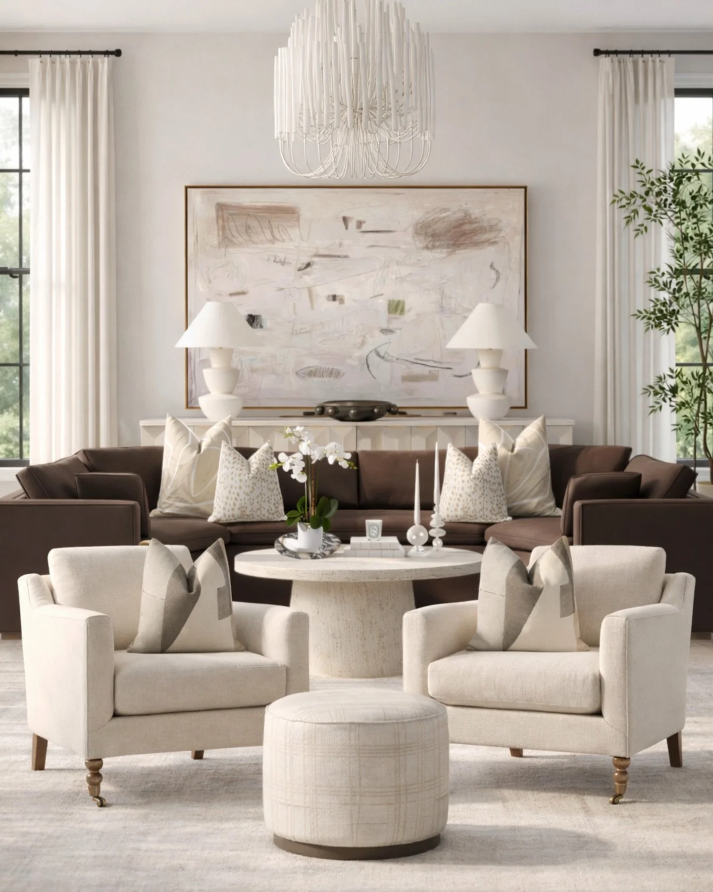 Warm neutrals, but make it intentional 👇

This is a masterclass in restraint&mdash;every piece earns its spot:
&bull; The brown sofa adds just enough weight to anchor the palette
&bull; Cream upholstery layered in different textures keeps it elevate