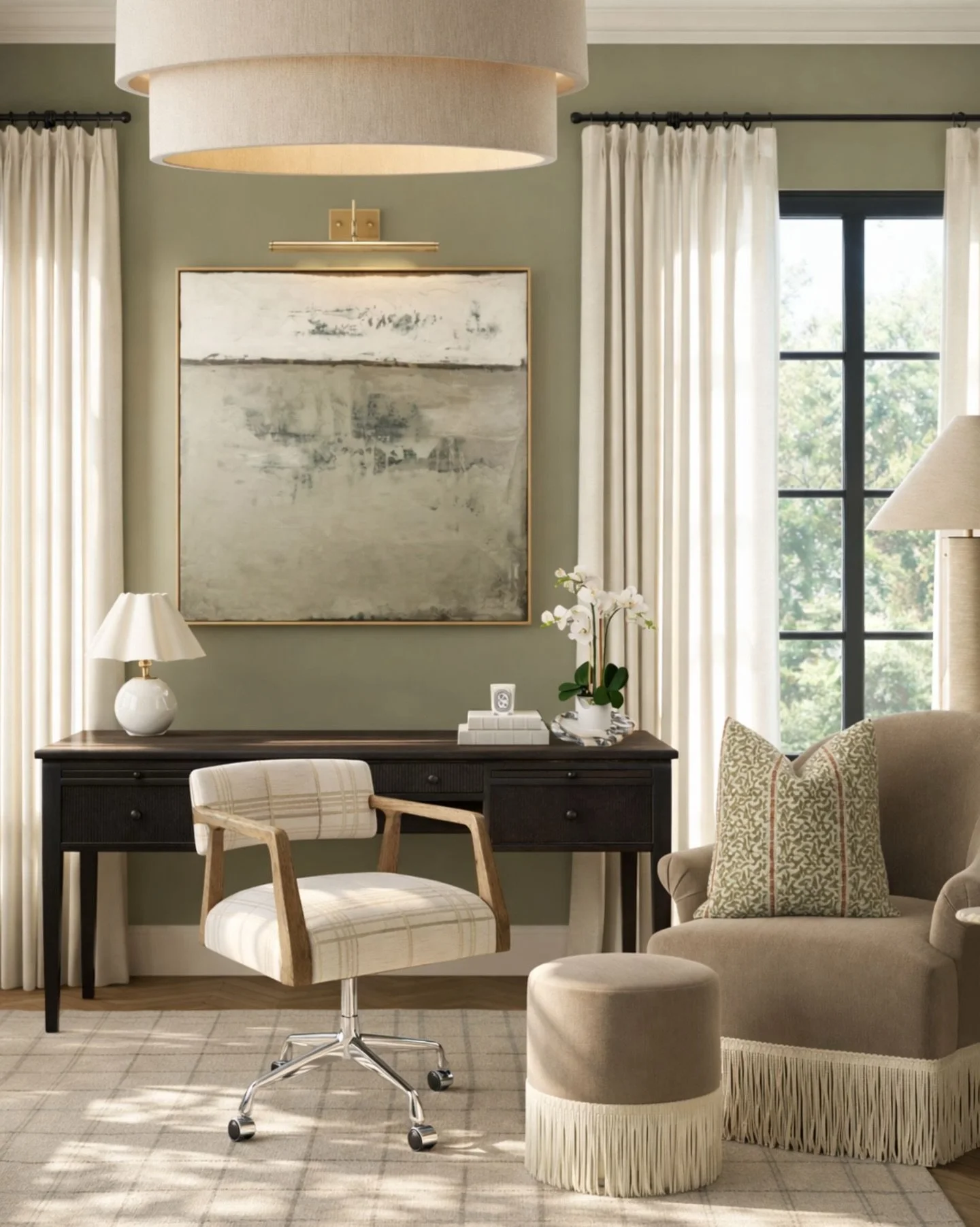 If you&rsquo;ve been trying to make your space feel more pulled together, this is your formula: keep the palette tight, then layer in texture.

The soft green walls, warm wood tones, and layered neutrals create a space that feels calm&mdash;but still