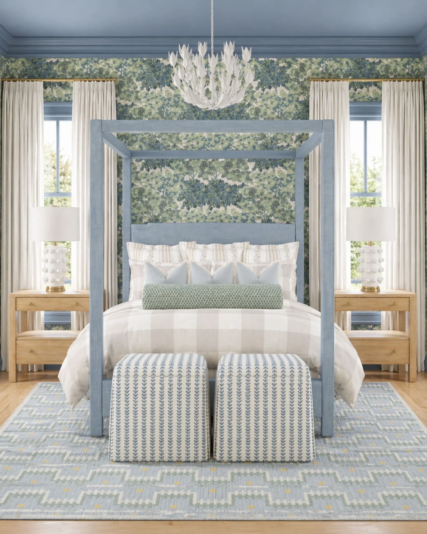 A color-drenched blue bed + trim + ceiling creates a cohesive, designer look, while the soft patterns keep it light and layered instead of heavy.

Tap to shop the pieces to recreate this look.
I may receive a small commission from affiliate links. 

