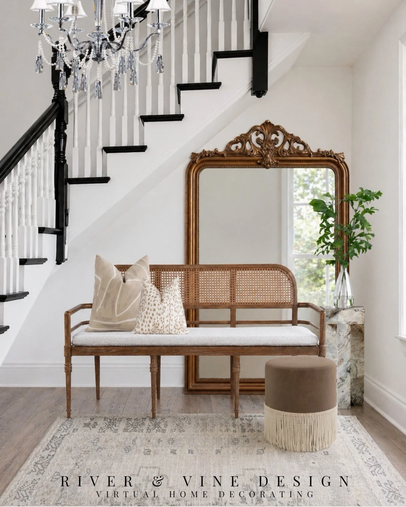 Classic entry, done right 🤍

Cane bench + oversized antique mirror = instant focal point. Layered neutrals keep it light, while the fringe ottoman adds just enough texture to make it feel styled (not staged).

Everything here works together&mdash;no