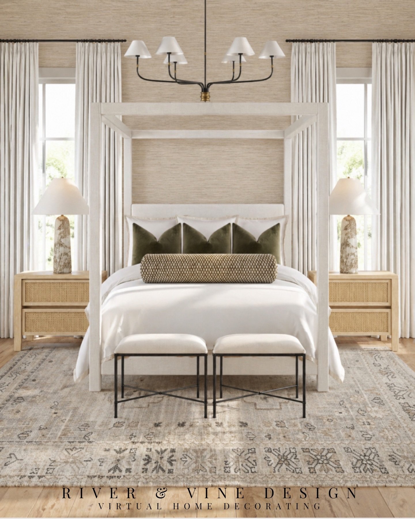 This is how you make a neutral bedroom feel expensive 🤍

Layered textures, soft contrast, and just enough depth&mdash;nothing loud, but everything intentional. The canopy frame, tailored curtains, and mix of linen + woven materials do all the heavy 
