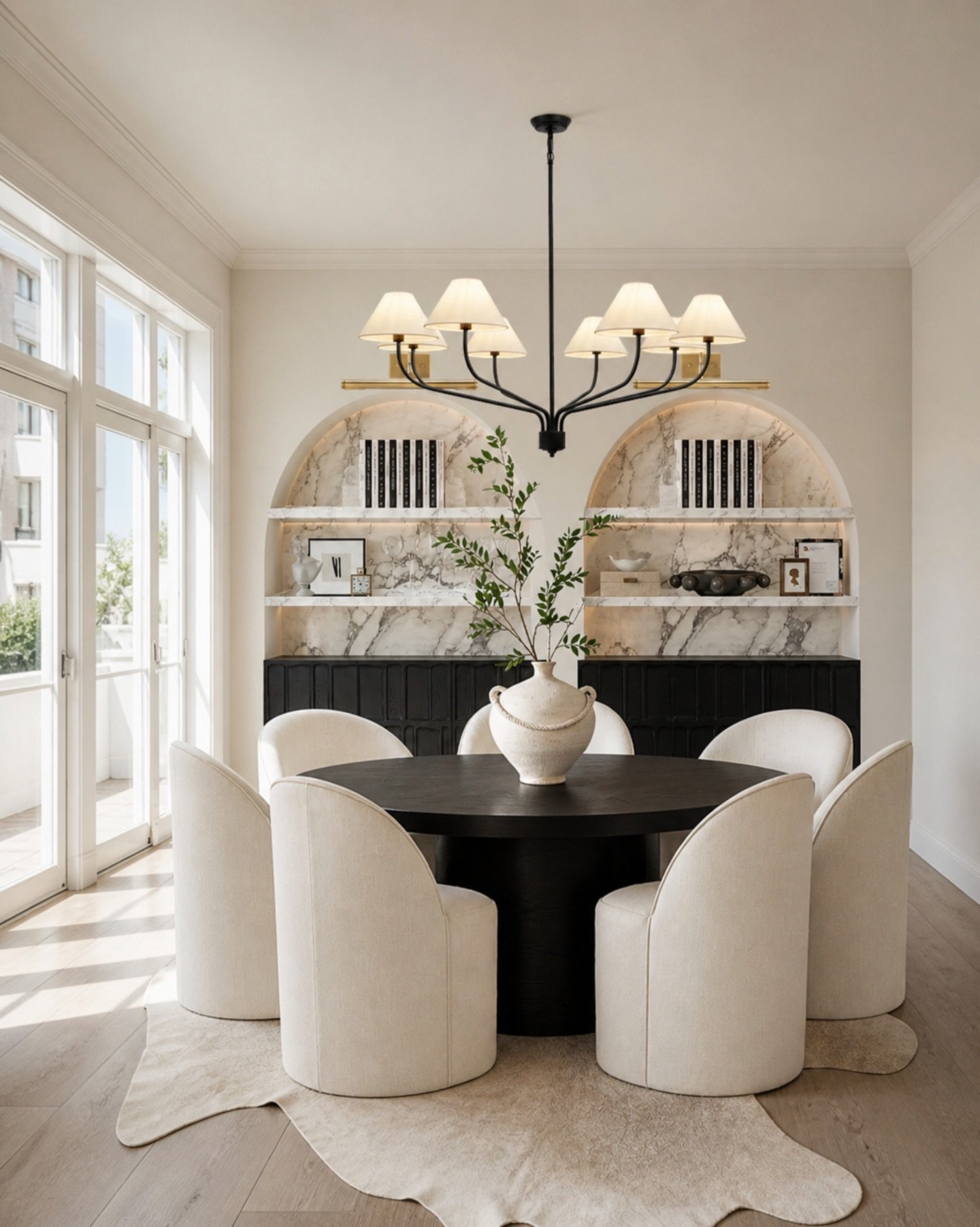 Warm neutrals, curved dining chairs, black accents, and that marble arched shelving moment &mdash; this is the kind of dining room that feels elevated without being overly formal. I love how the soft upholstery balances the dark round table and keeps