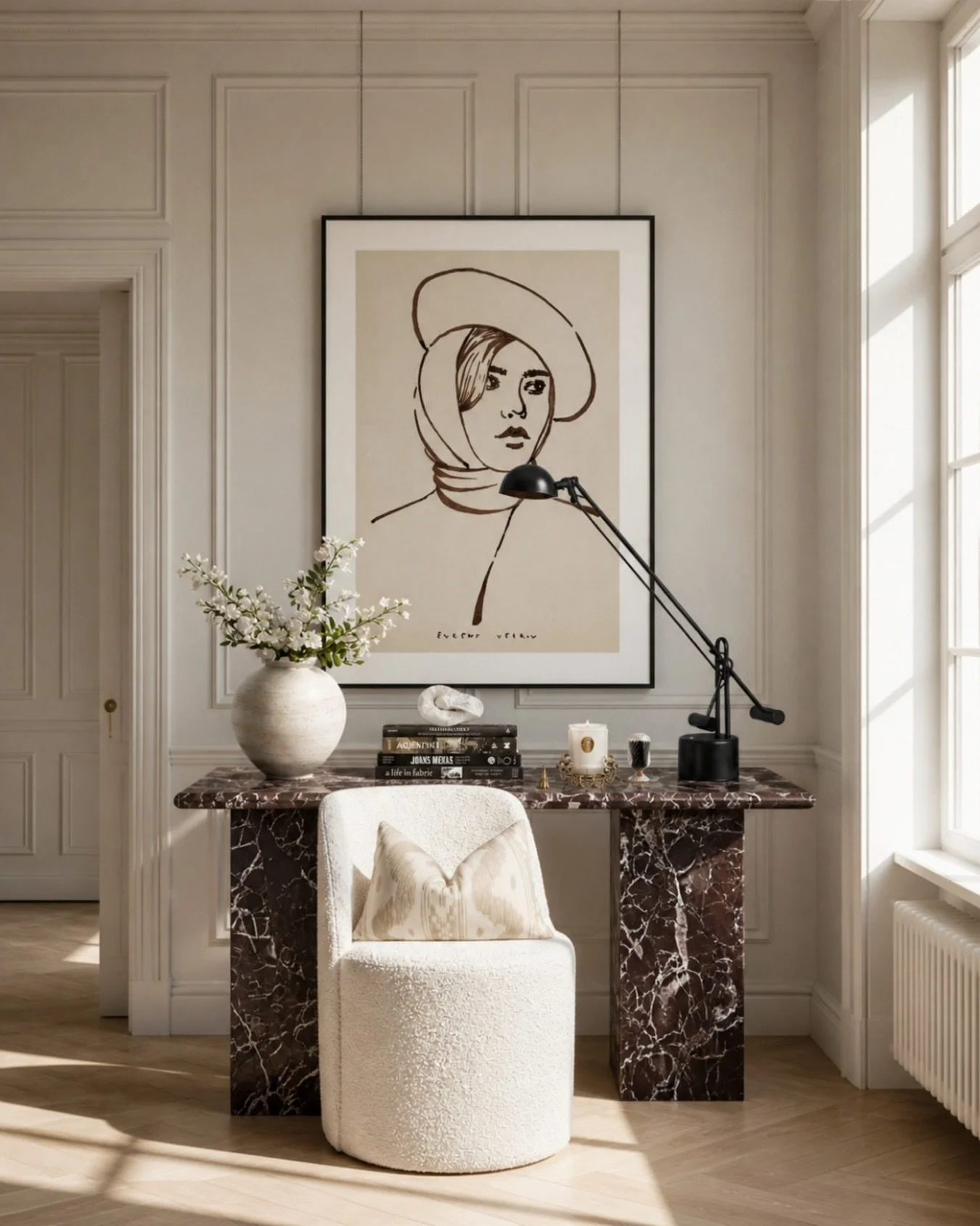 A small space can still make a big impact. ✨

This setup is proof that you don&rsquo;t need a full room makeover to create something that feels elevated. A statement console, oversized artwork, warm marble tones, and one sculptural chair instantly tu