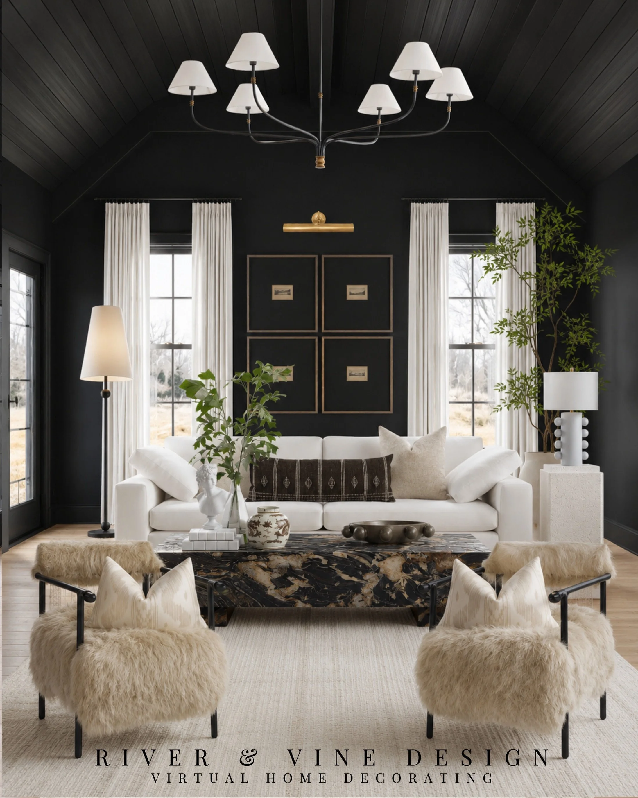 Dark rooms done right feel so elevated. ✨

The contrast here is what makes the entire space work &mdash; deep charcoal walls and ceilings layered with warm brass, creamy upholstery, soft textures, and natural wood tones that keep everything from feel