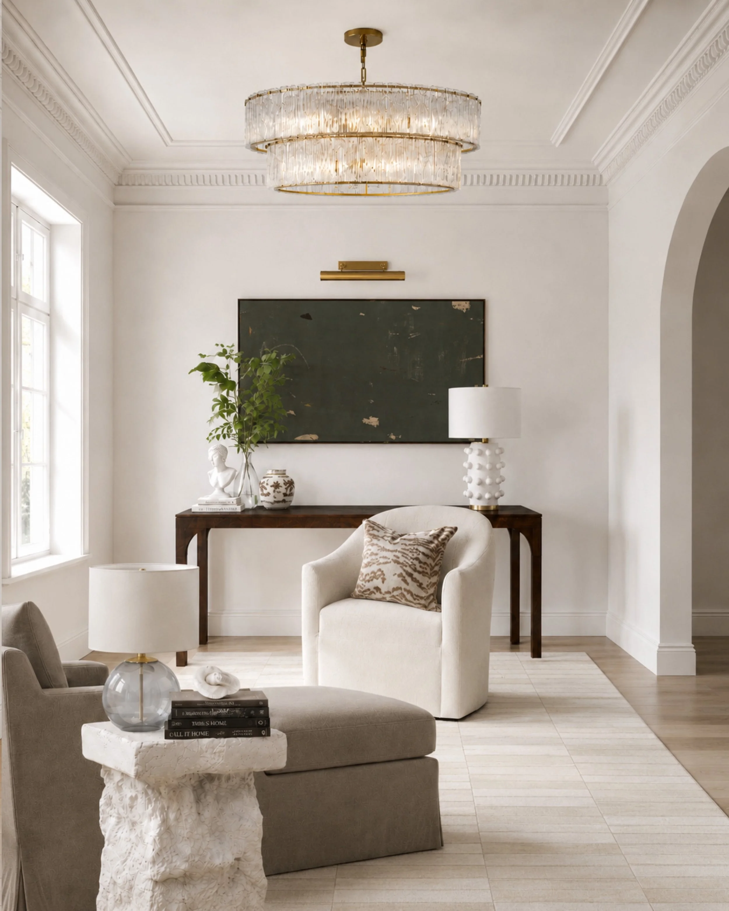 This is the kind of space that proves neutrals never have to feel boring. ✨

The layered textures, warm woods, oversized chandelier, and soft sculptural furniture make this feel elevated without trying too hard. I especially love how the darker artwo