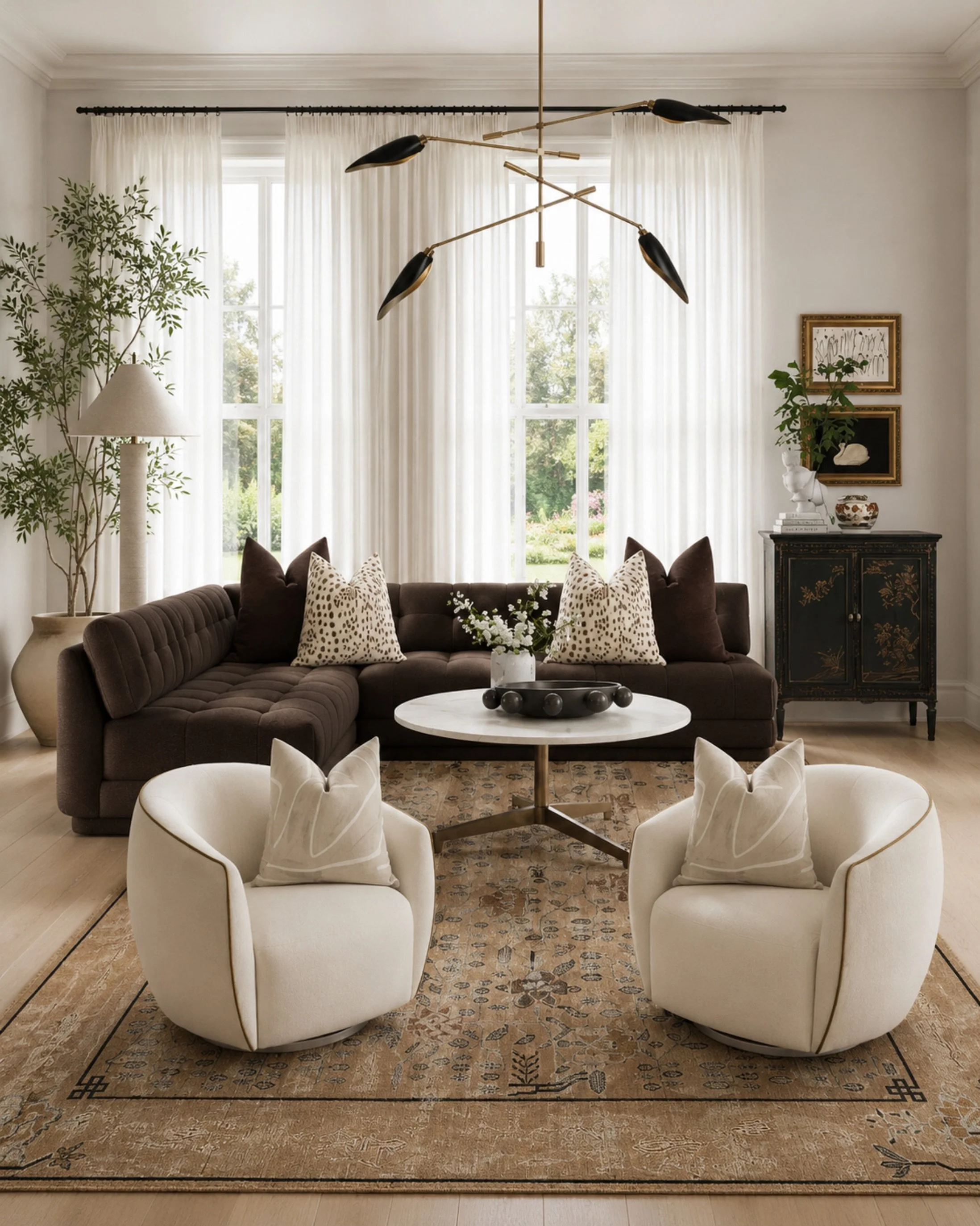 This room is exactly why contrast matters. The deep chocolate sofa grounds the space, the ivory chairs keep it feeling soft, and the vintage-style rug pulls everything together without making the room feel too polished. I love the mix of classic deta