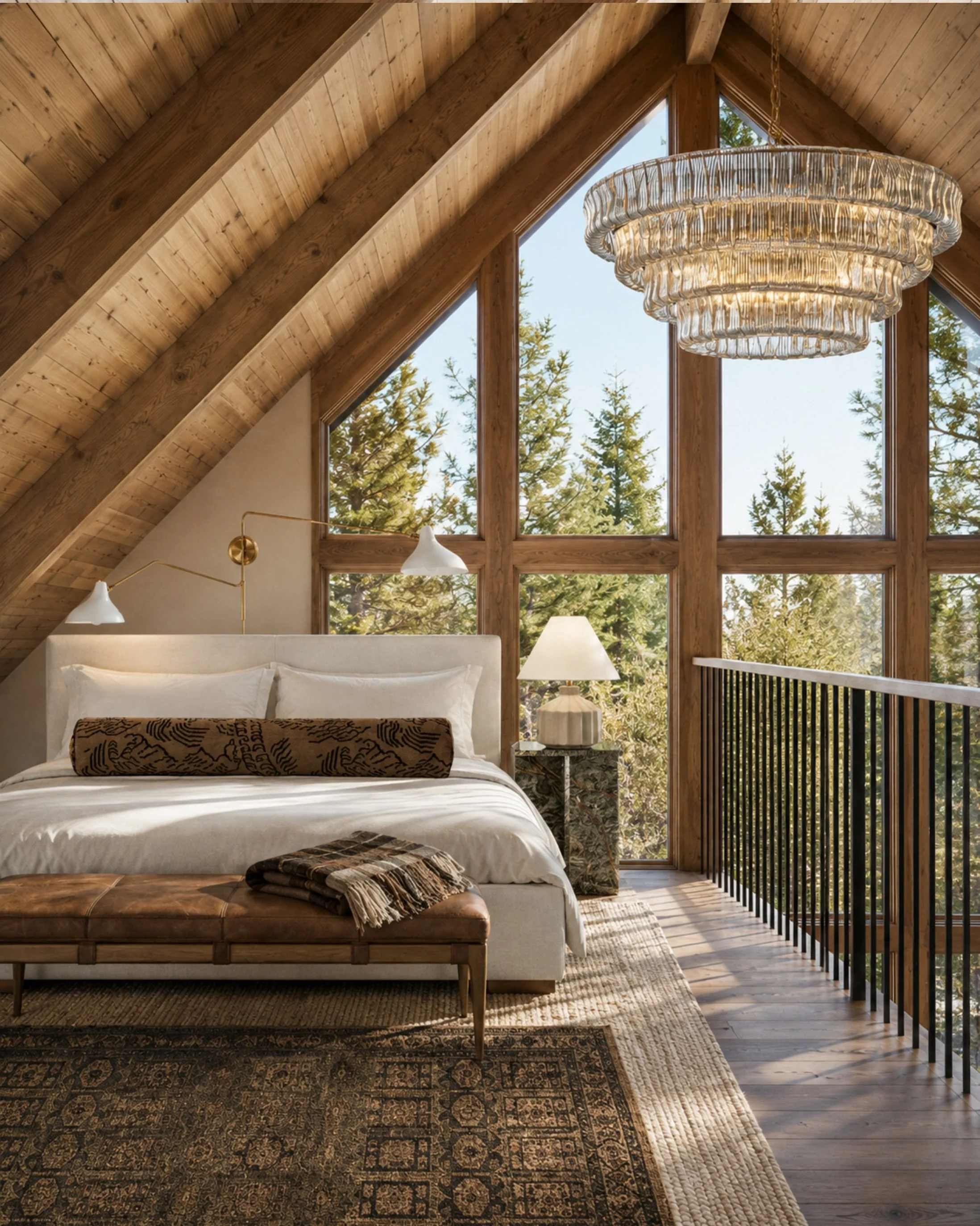 A layered bedroom like this feels cozy because everything has texture: warm wood ceilings, crisp white bedding, a vintage-style rug, leather at the foot of the bed, and soft lighting that makes the whole space feel finished. It&rsquo;s neutral, but n
