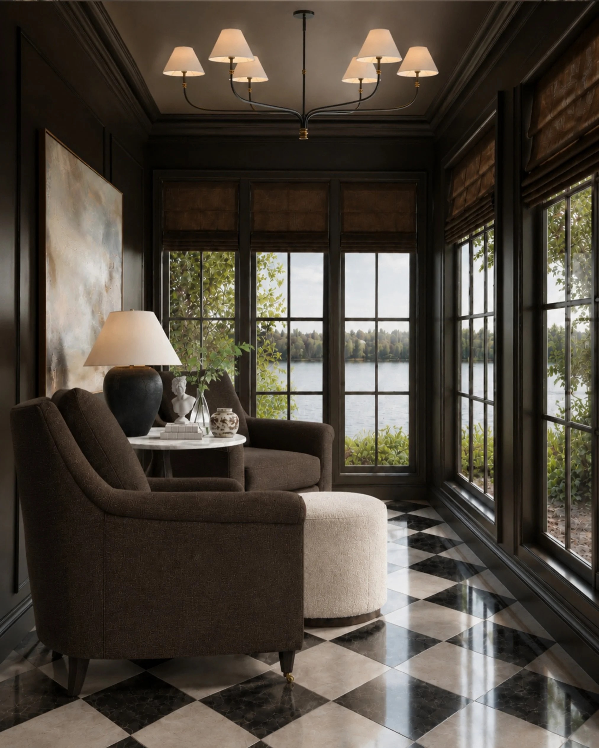 This is such a good example of a room that feels moody without feeling heavy. The dark walls, tailored seating, black-and-white floors, warm woven shades, and lake view all work together to make the space feel classic, cozy, and elevated.

I love thi
