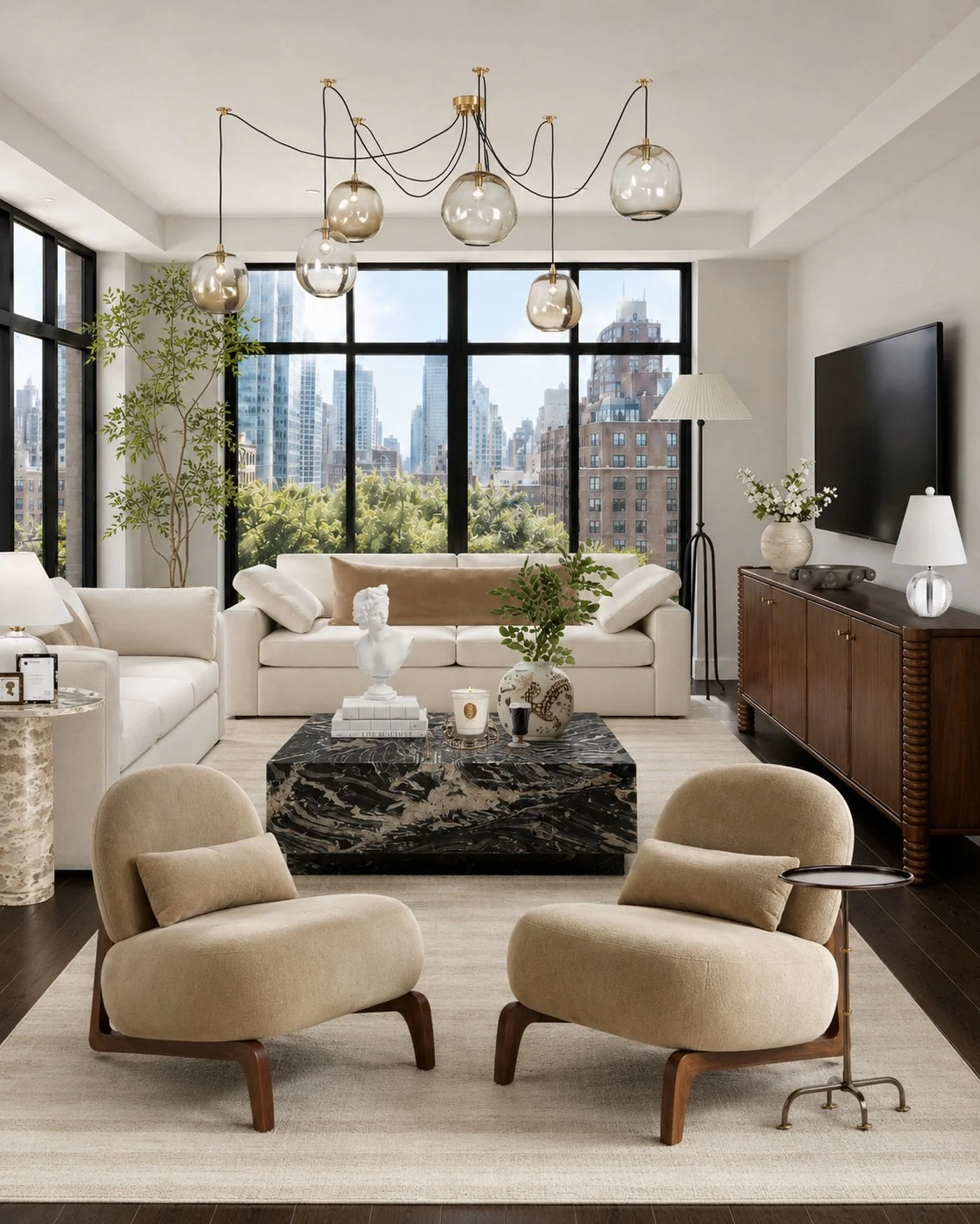 This room is such a good reminder that neutrals do not have to feel boring. The dark wood floors and black window frames add contrast, while the cream seating, textured rug, and warm wood credenza keep everything feeling soft and livable.

I love the