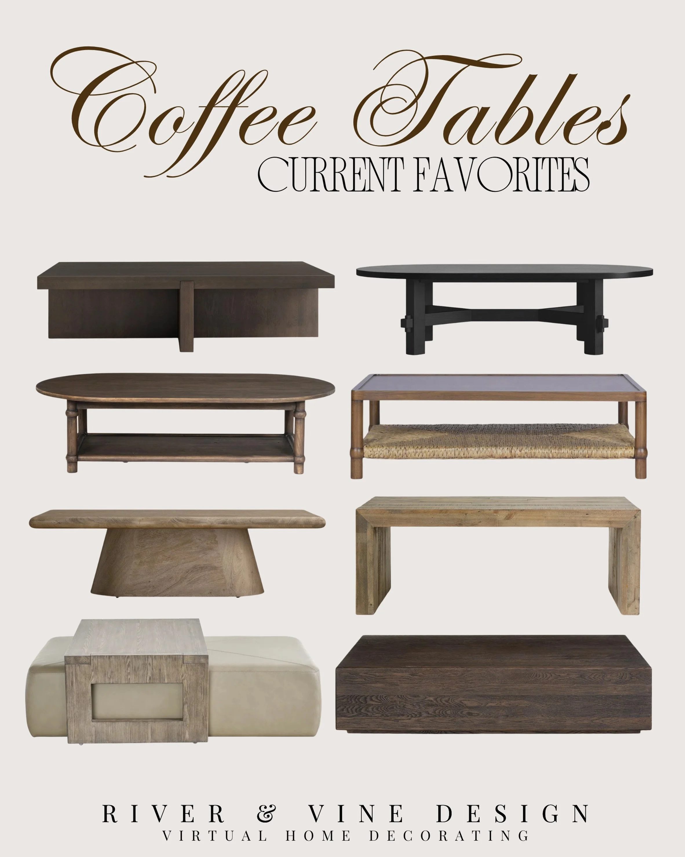 Coffee tables that feel current without being too trendy. I love how these mix darker wood tones, sculptural bases, woven textures, and clean-lined silhouettes &mdash; easy pieces to build a living room around whether your style leans modern, organic